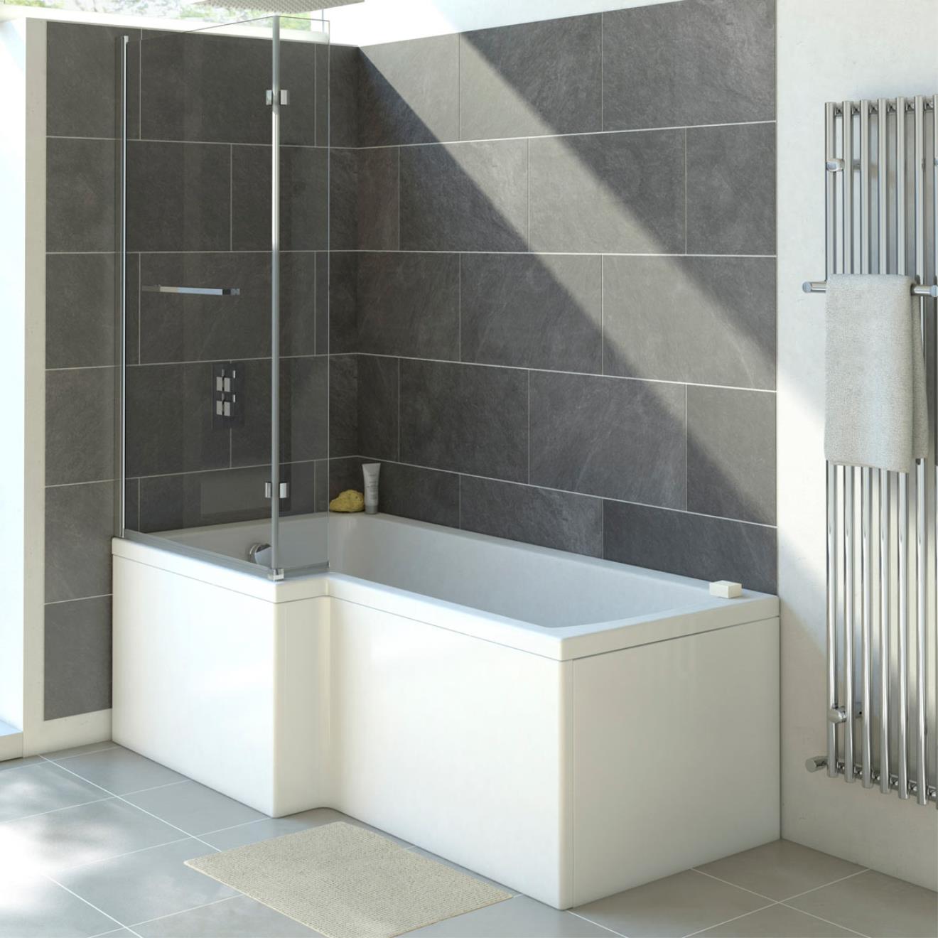 Solarna L Shape Shower Bath with Panel & Towel Rail Screen 1700 x 850mm Left Hand