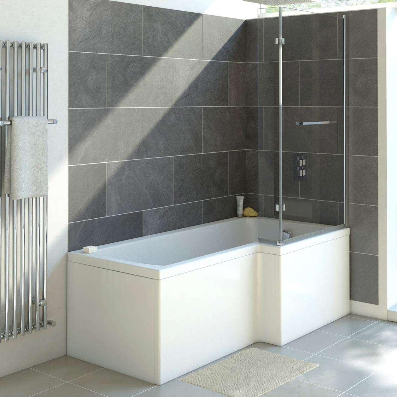 Solarna L Shape Shower Bath with Panel & Towel Rail Screen 1700 x 850mm Right Hand